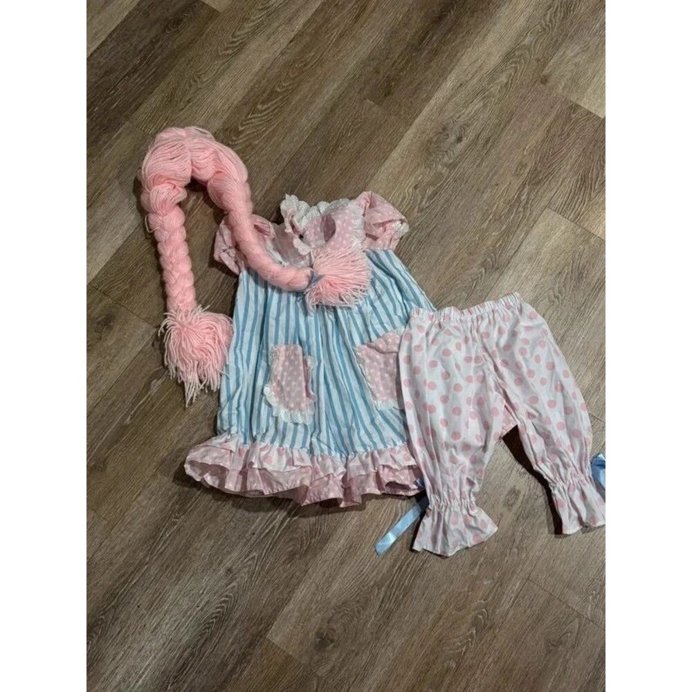 Girls Vintage Rag Doll Costume Set Pink Yarn Braided Wig Dress Bloomers Panties